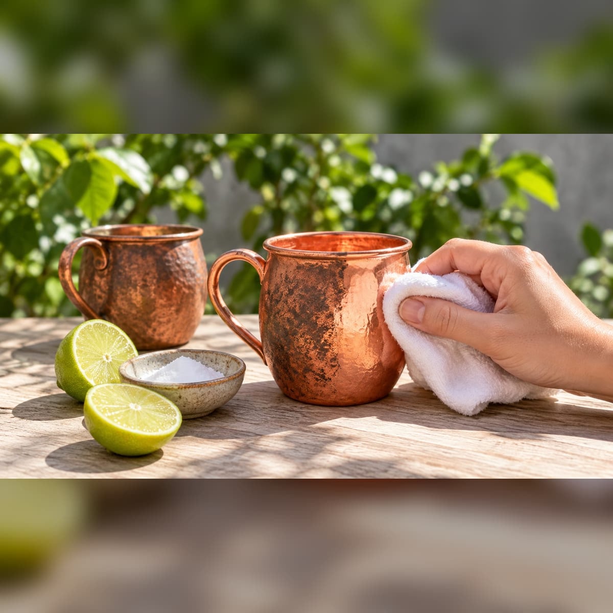 Mão limpando caneca de cobre manchada com pano branco sobre mesa de madeira, ao lado de limões e sal