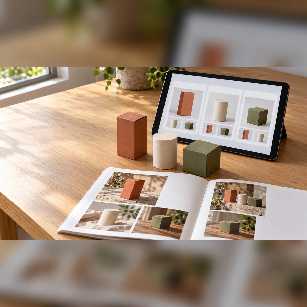 Embalagens geométricas em tons terrosos sobre mesa de madeira ao lado de um livro aberto e um tablet exibindo fotos