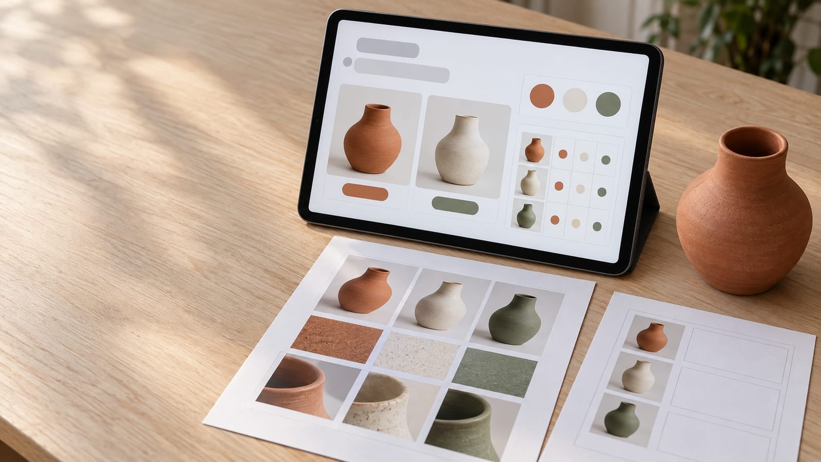 Mesa de madeira com tablet exibindo interface de design, papéis com fotos de vasos de cerâmica e um vaso real
