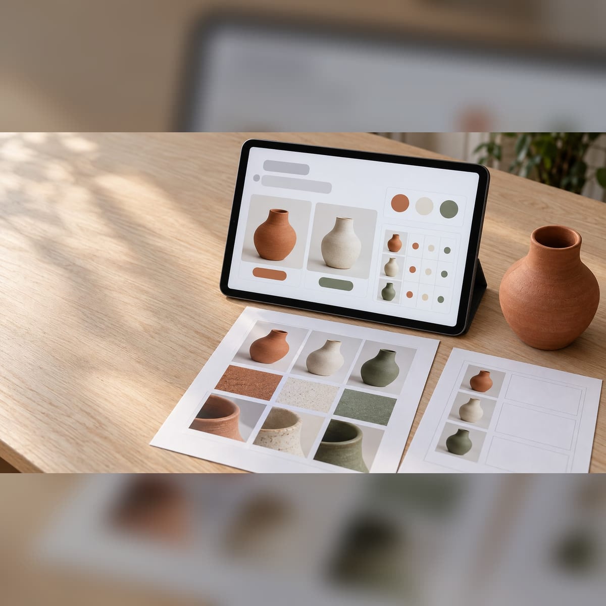 Mesa de madeira com tablet exibindo interface de design, papéis com fotos de vasos de cerâmica e um vaso real